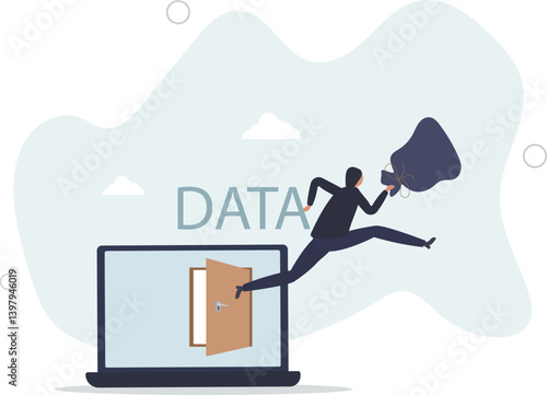 Computer hacker, cyber security, online ransomware or malware to steal personal data from computer.flat character life .