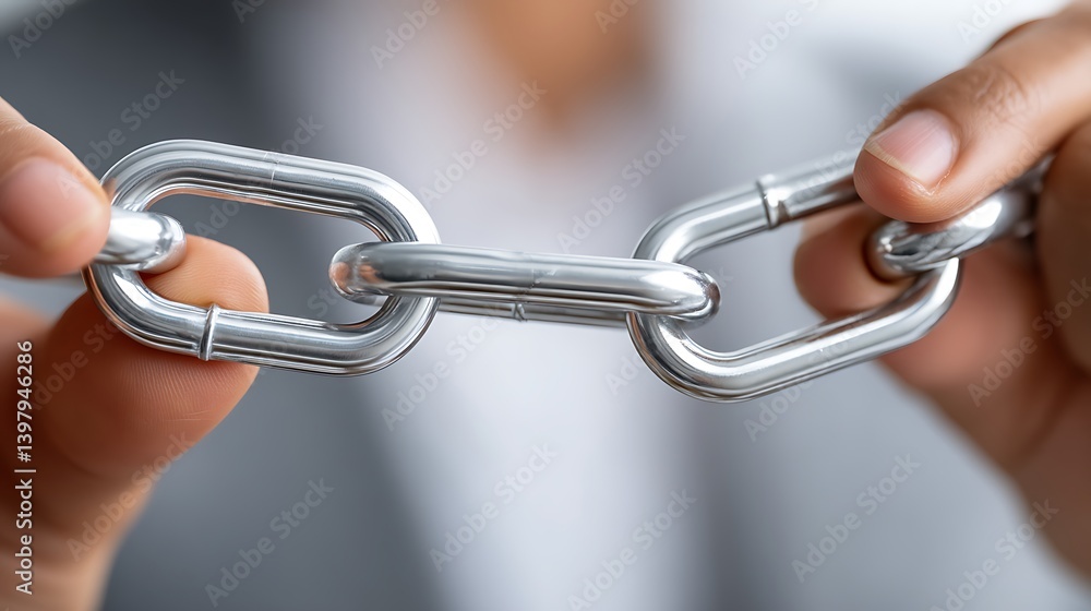 Obraz premium Close-Up View of Metallic Links Held by Hands Symbolizing Connection and Bonding in Business Environment