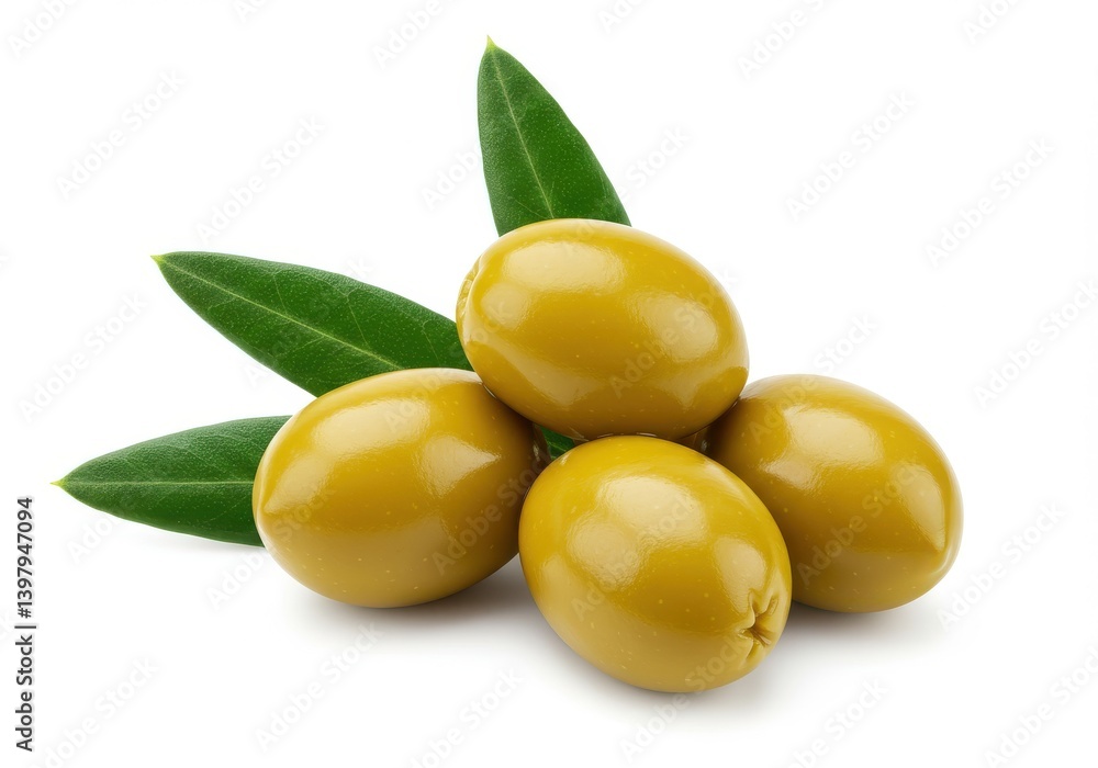 A close up shot of green olives with leaves on a white background in a studio setting A close up shot of green olives with leaves on a white background in a studio setting