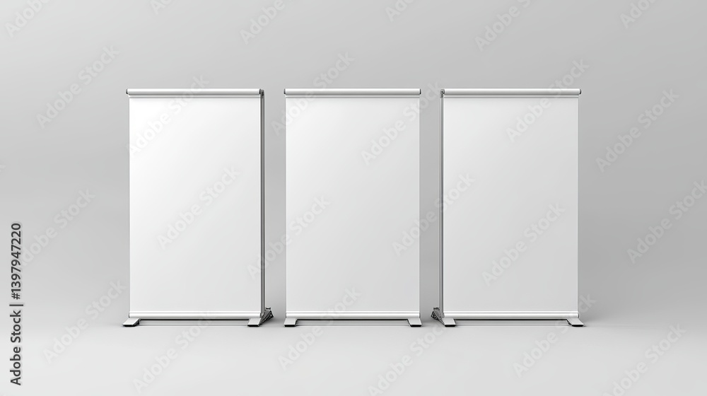 Three Blank Retractable Banner Stands White Background Modern Advertising Display Stands for Trade Show Presentation Business Expo Roll Up Stands Three Blank Retractable Banner Stands White Background Modern Advertising Display Stands for Trade Show Presentation Business Expo Roll Up Stands