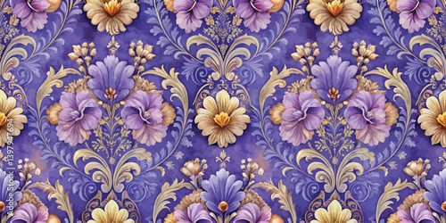 Elegant floral pattern with purple and gold details, perfect for home decor.