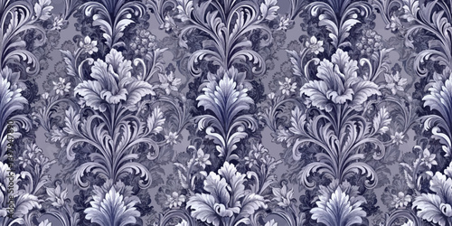 Elegant floral damask wallpaper in shades of blue and gray.