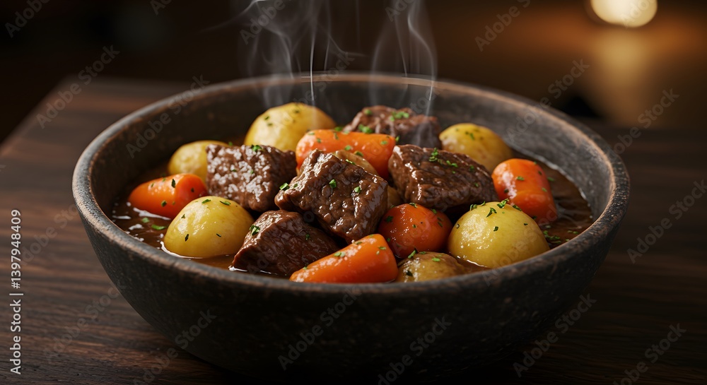 A steaming bowl of delicious stew filled with tender chunks of beef, potatoes and carrots, and fresh herbs. A steaming bowl of delicious stew filled with tender chunks of beef, potatoes and carrots, and fresh herbs.