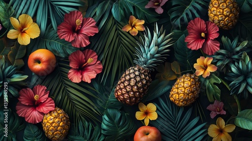 Tropical bounty! Lush fruits and vibrant blooms create a colorful, inviting scene. A taste of paradise