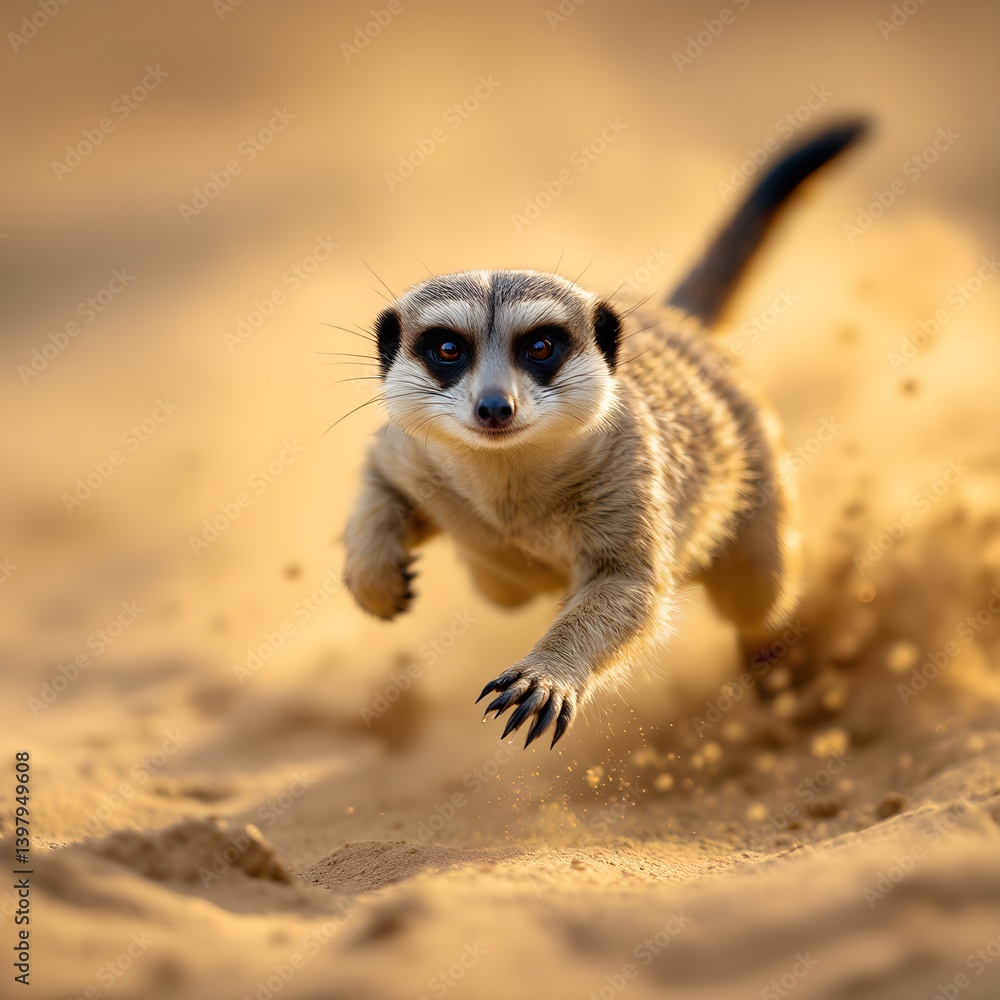 Fototapeta premium A meerkat darting through sandy ground, its slender body moving swiftly