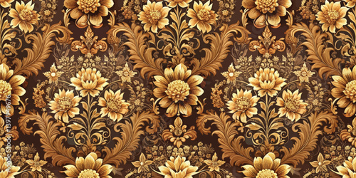 Elegant floral pattern in gold and brown, perfect for vintage decor.