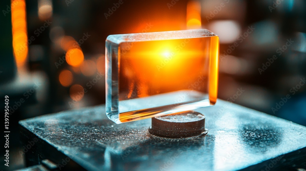 A clear glass block illuminated by warm light on a dark surface