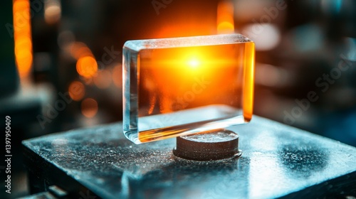 Obraz na płótnie A clear glass block illuminated by warm light on a dark surface w salonie