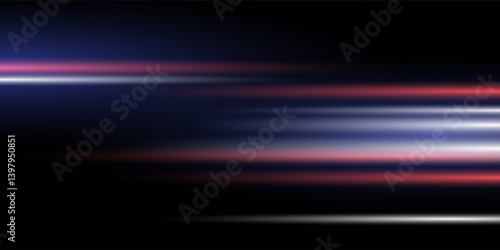 Blue and red high-speed background. Movement light trails effect on black abstract background. Wide technology banner with glowing blue and red light motion effect. Vector illustration