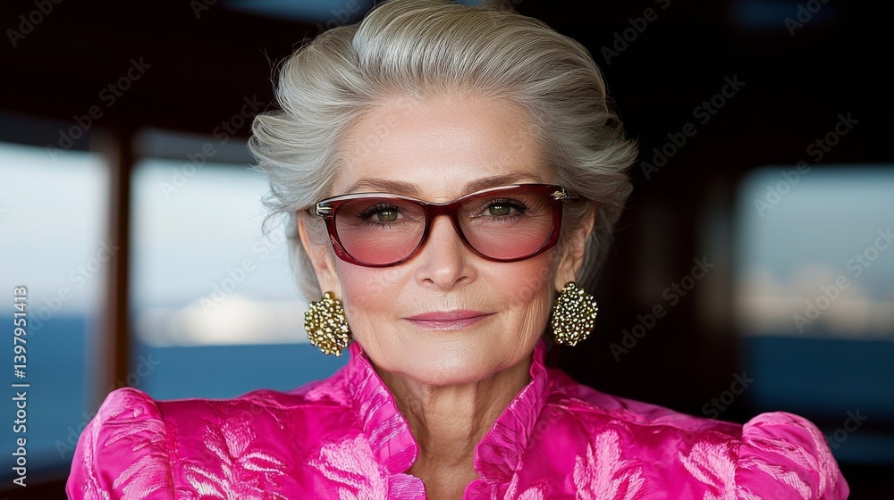 Elegant woman in a pink blouse with stylish sunglasses and earrings