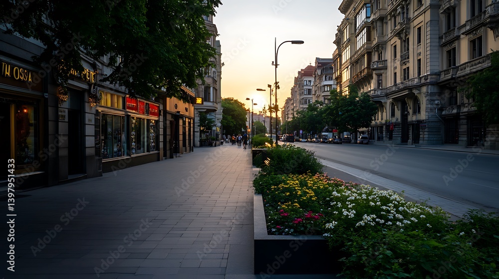 Obraz premium Golden Hour Stroll Budapest Street Sunset.