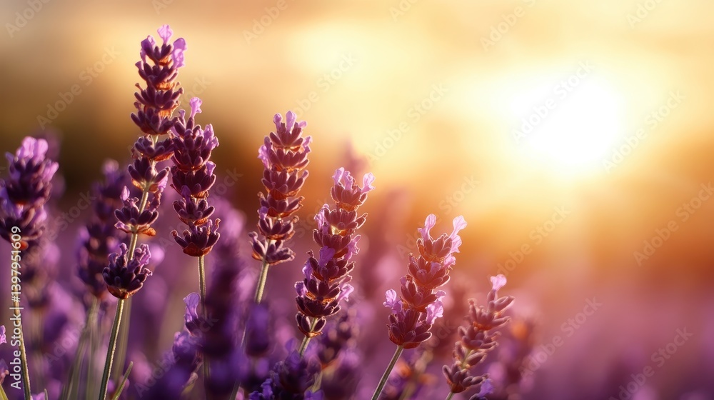 A close-up shot of lavender blossoms illuminated by sunset light, showcasing their delicate details and the soothing ambiance they create in the natural environment. A close-up shot of lavender blossoms illuminated by sunset light, showcasing their delicate details and the soothing ambiance they create in the natural environment.