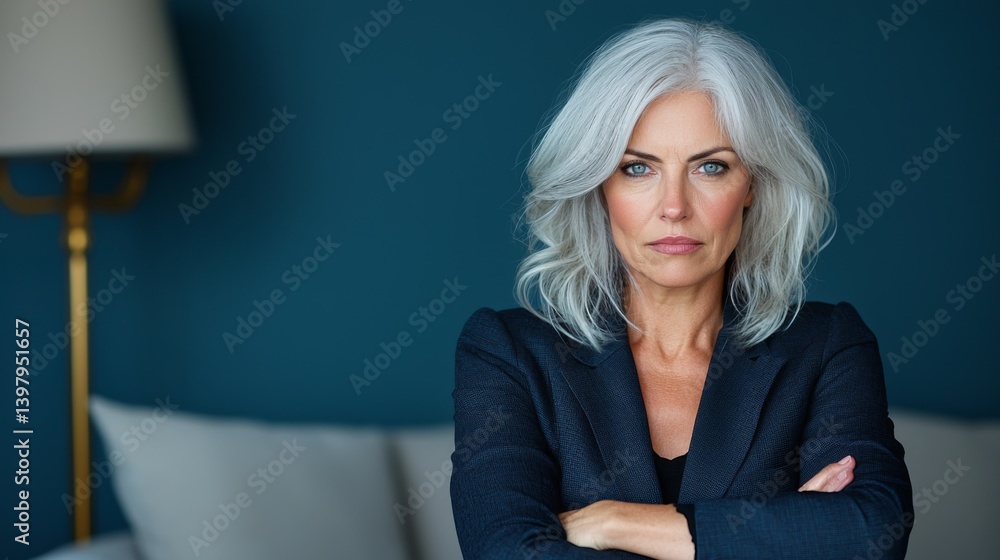 Confident woman with gray hair posing in a stylish blazer