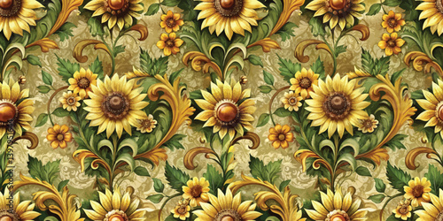 Vibrant floral pattern featuring sunflowers and intricate foliage.