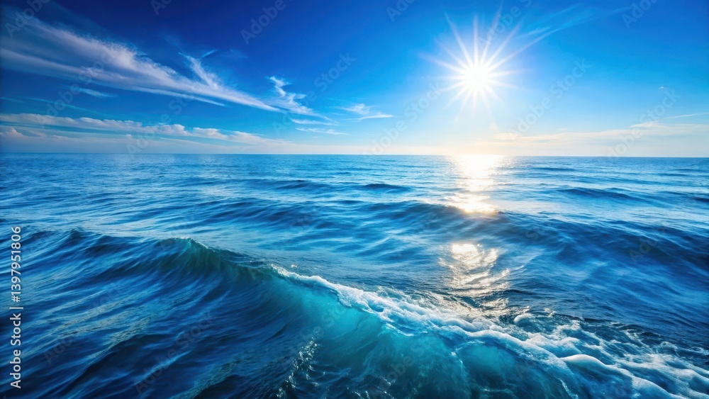 Fototapeta premium Calm ocean surface with blue water and rolling waves, sunlight on the sea , sunny day, serenity