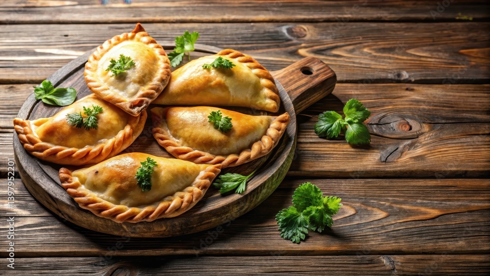 Fototapeta premium Argentinian empanadas on rustic wooden table, cuisine, meat pies, cuisine,meat pies,food photography