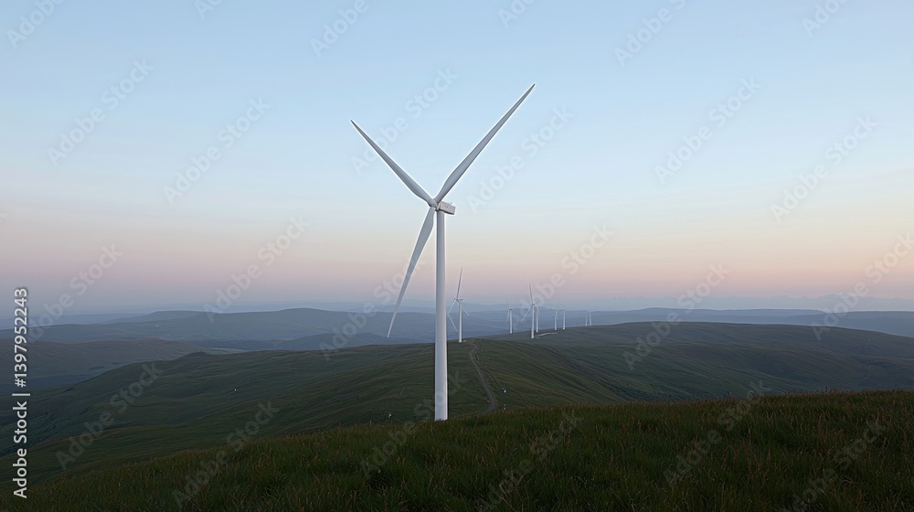Obraz premium Wind turbines on a grassy hilltop at dawn