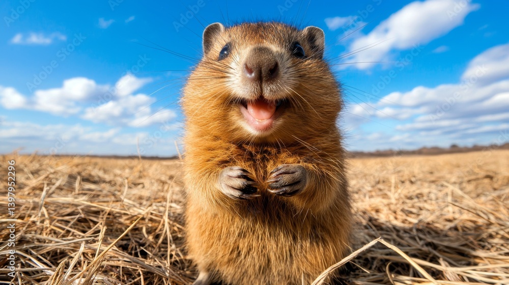 A cheerful groundhog smiling while holding food in a sunny field