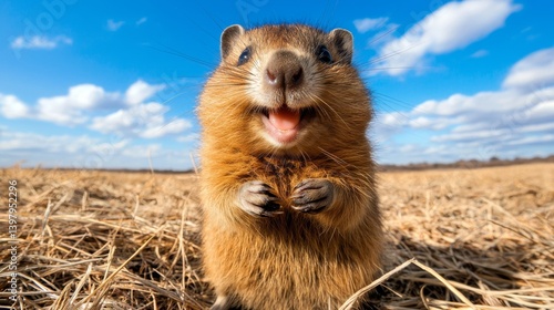 A cheerful groundhog smiling while holding food in a sunny field