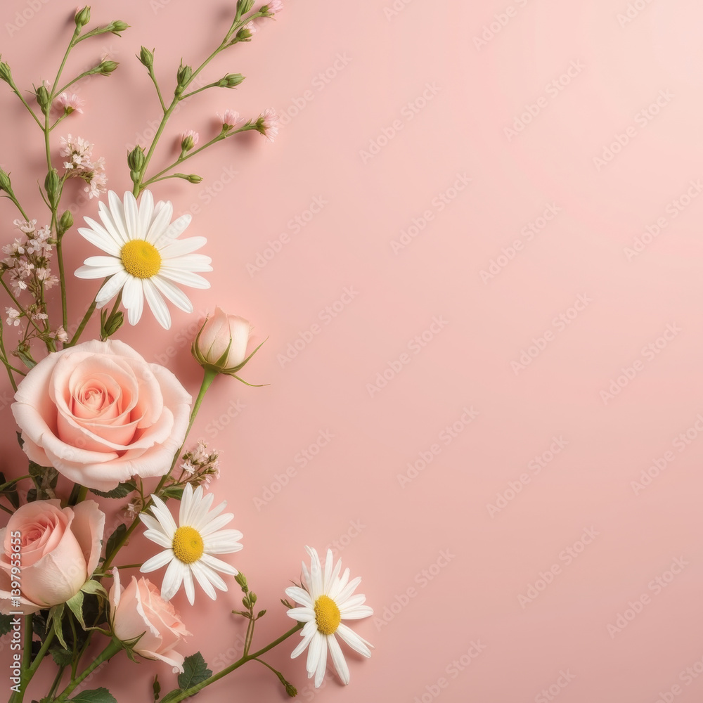 Beautiful pink roses and white daisies arranged elegantly on soft pink background, creating serene and romantic atmosphere Beautiful pink roses and white daisies arranged elegantly on soft pink background, creating serene and romantic atmosphere