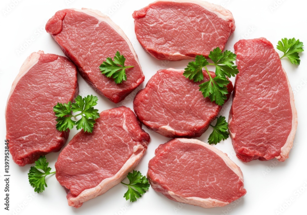 Arrangement of raw beef steaks with parsley sprigs on a white surface ready for cooking preparation Arrangement of raw beef steaks with parsley sprigs on a white surface ready for cooking preparation