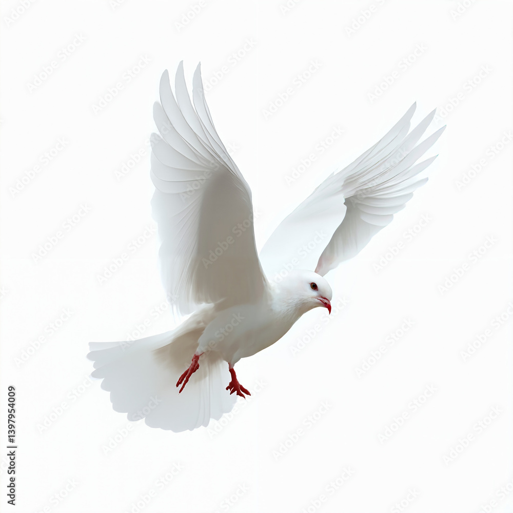 Obraz premium White Dove in Flight on White Background – Peaceful Bird with Red Eyes and Beak, Minimalist Wildlife Photography