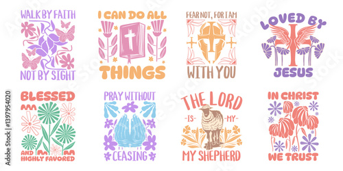 Christian t shirt design ornament, Aesthetic Christian floral graphic t shirt, Christianity quotes set.