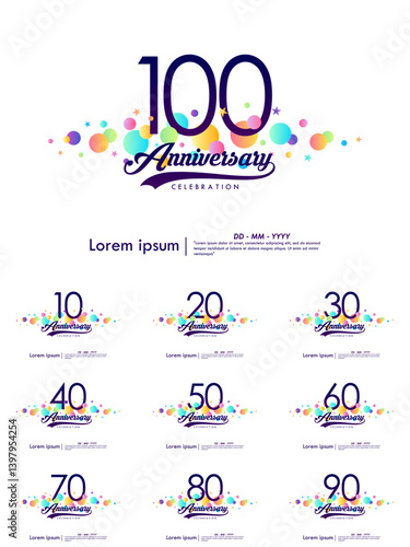 Set of 10-100th years anniversary celebration emblem. elegant anniversary logo isolated with ribbon and colorful circles and stars on white background. vector illustration template design