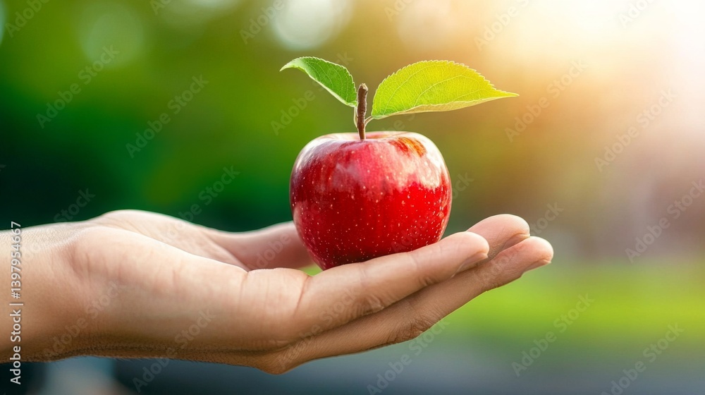 Fresh red apple held in a hand with green leaves and sunlight background