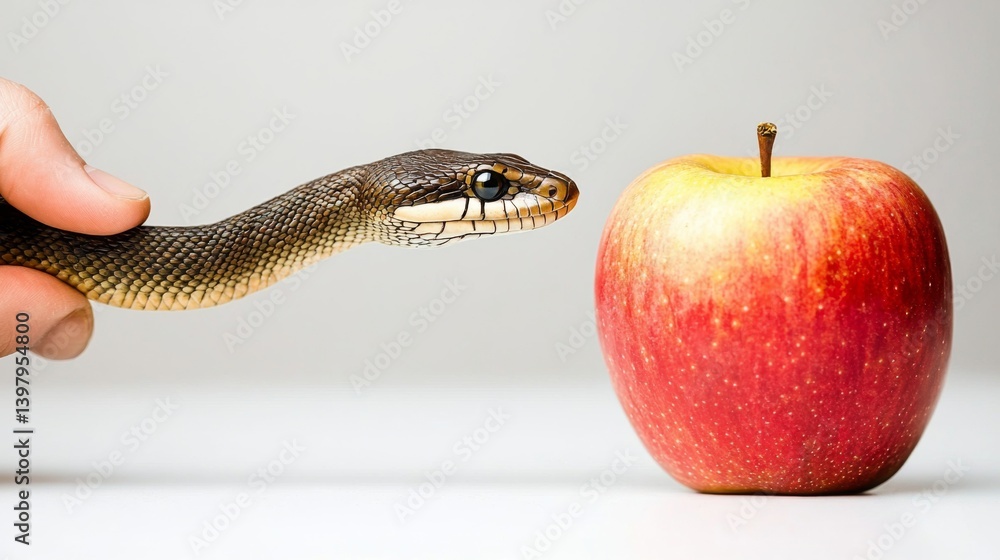A snake curiously approaches a shiny red apple on a clean surface