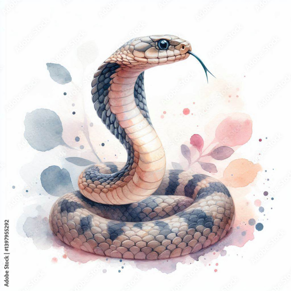 Fototapeta premium Watercolor fullbody illustration of cobra, isolated on white background, hand-painted animal art