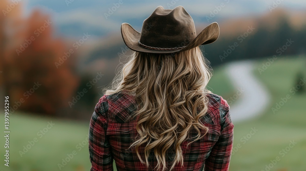 Woman in a cowboy hat gazing at a scenic landscape in autumn