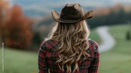 Obraz na płótnie Woman in a cowboy hat gazing at a scenic landscape in autumn w salonie