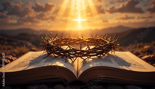 Crown of Thorns on Open Bible at Sunrise, Symbolic Religious Image