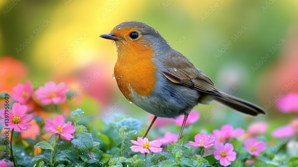 Fototapeta premium Cute robin perched on flowers