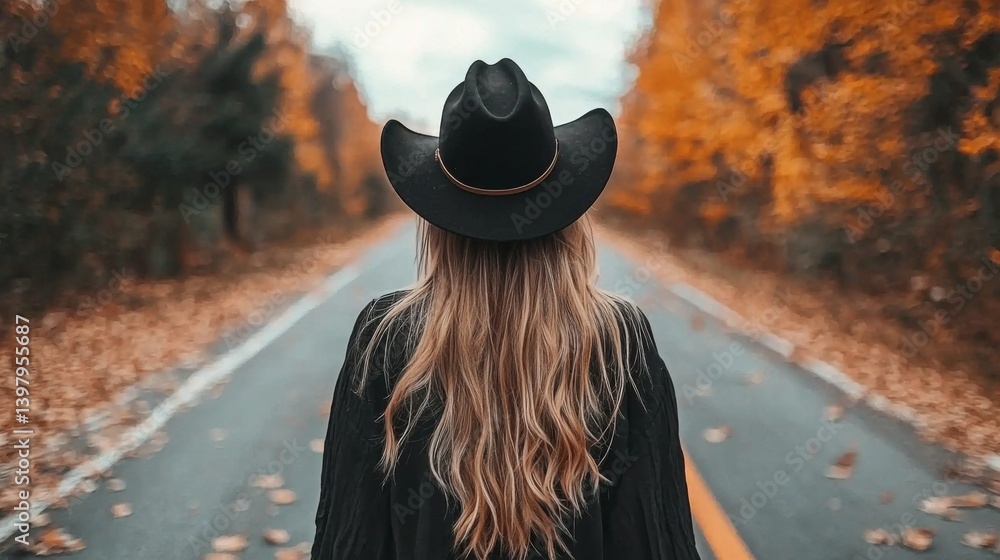 Woman in a black hat walking down a scenic autumn road surrounded by orange leaves
