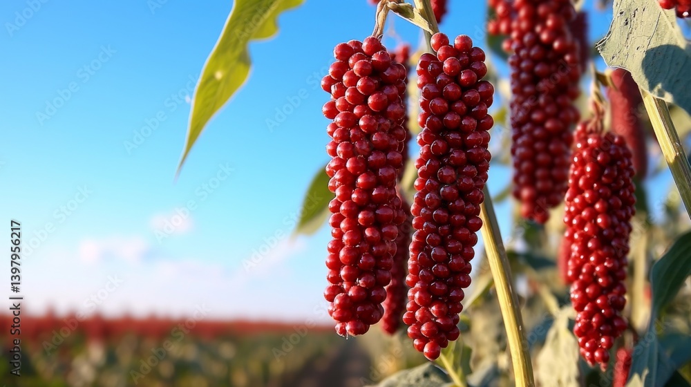 Vibrant red sorghum grains hanging from green stalks under a clear blue sky