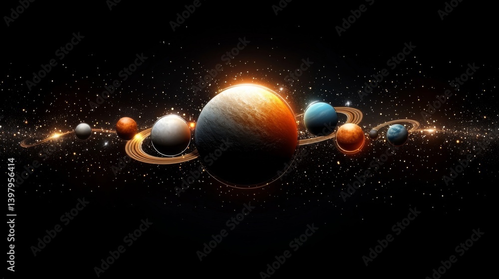 A stunning depiction of the solar system with vibrant planets and rings