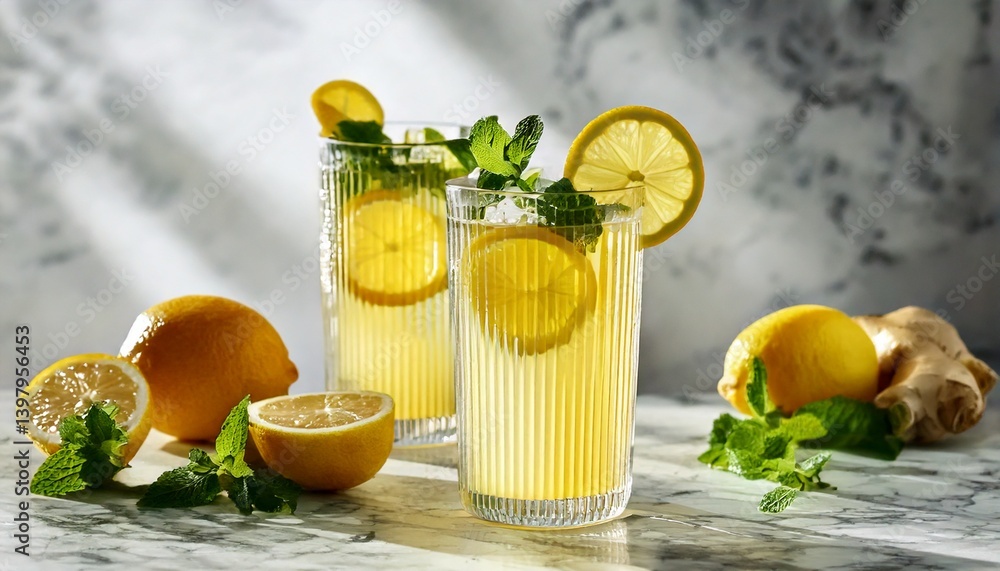 Fresh lemonade with a touch of ginger and mint leaves, in a tall glass, placed on a marble surface with soft shadows, a luxurious and modern feel Fresh lemonade with a touch of ginger and mint leaves, in a tall glass, placed on a marble surface with soft shadows, a luxurious and modern feel