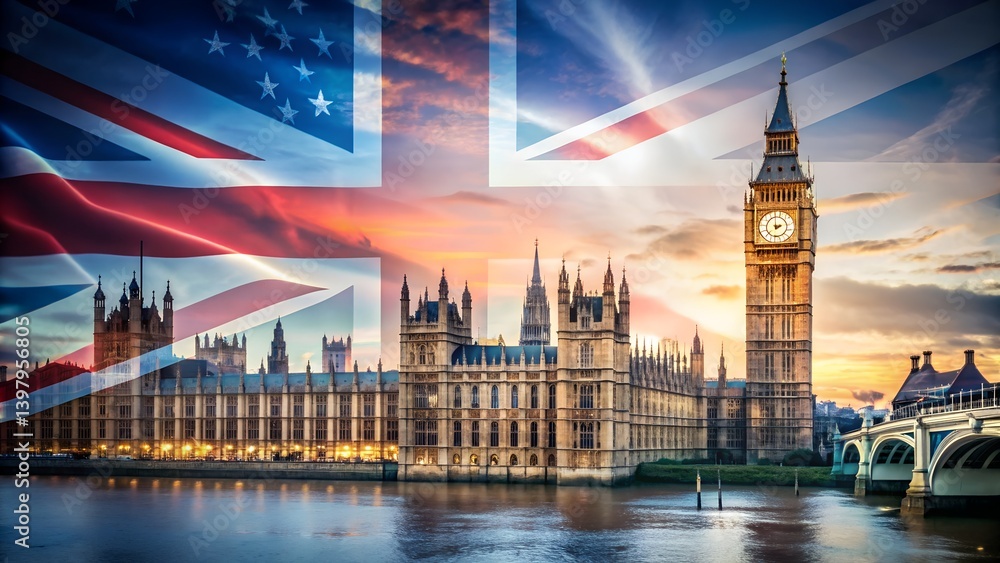 Fototapeta premium Big Ben with British flags, London, UK