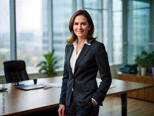Happy elegant older mature lady posing for portrait standing in office. Beautiful middle aged business woman looking at camera, smiling 45 years old businesswoman leader executive at work.