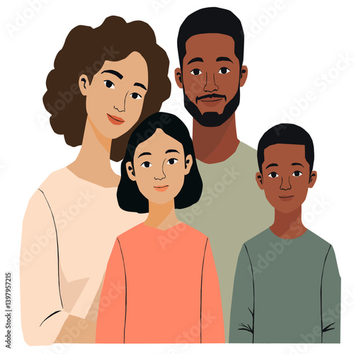 This illustration depicts an interracial family consisting of two adults and two children.