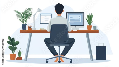 Focused Professional Working from Home with Plants and Technology