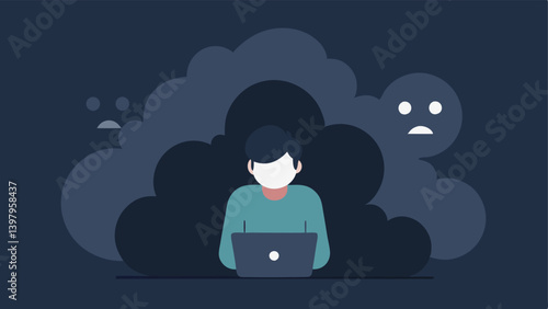 Isolated Figure An of a person sitting alone at a desk with a laptop surrounded by dark clouds symbolizing sadness and isolation. The screen displays anonymous