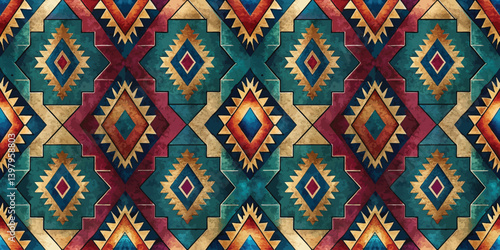 Vibrant geometric pattern with rich colors in a bold design.