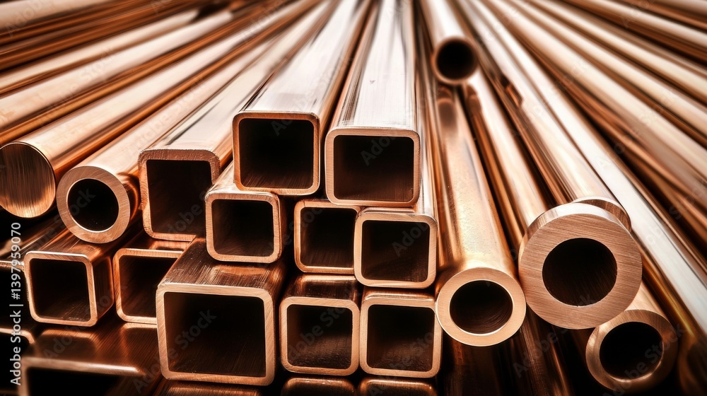 Close-up of various copper pipes and tubes stacked together