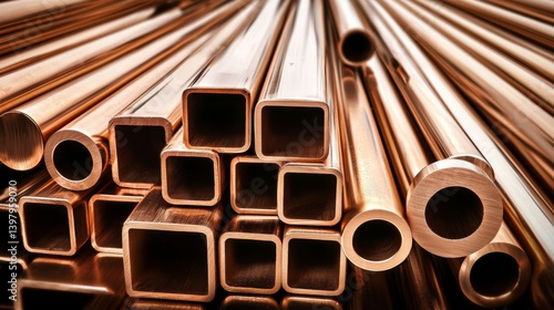 Obraz na płótnie Close-up of various copper pipes and tubes stacked together w salonie