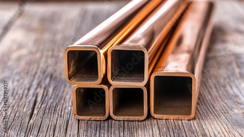 Copper square tubes stacked on a wooden surface, showcasing their shine