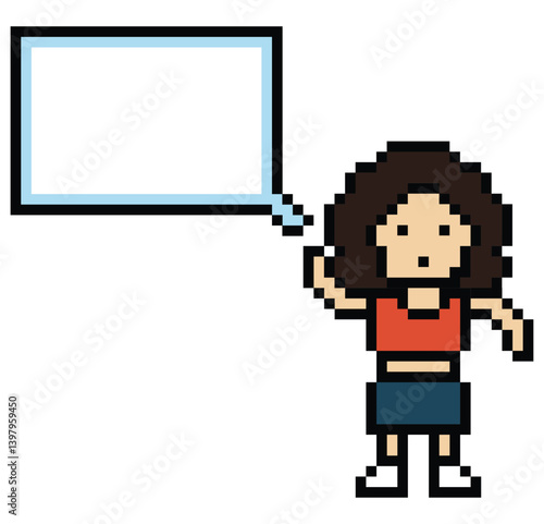 Cartoon pixel cute cartoon character face woman with chat blank decoration 8 bit female girl say speak discuss idea chat box cartoon pixel game 8bit png vector.