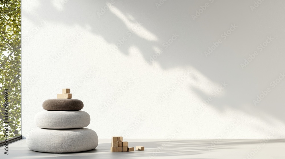 Minimalist interior design with stacked cushions and wooden blocks